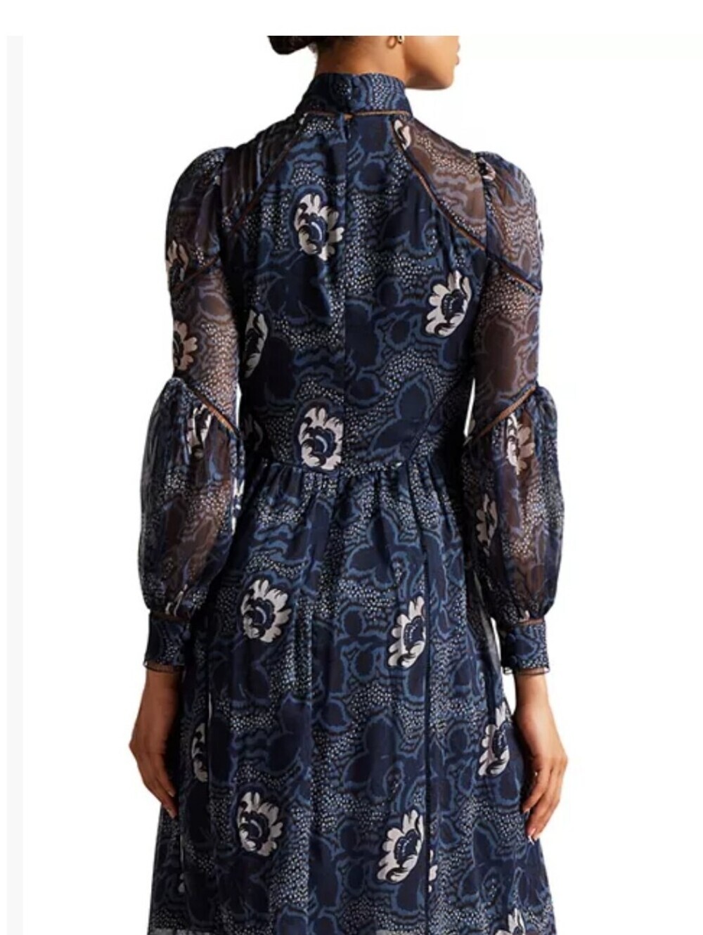 Ted Baker London Navy Floral Chiffon Midi Dress High Neck Long Sleeve Size 2 - Picture 3 of 16